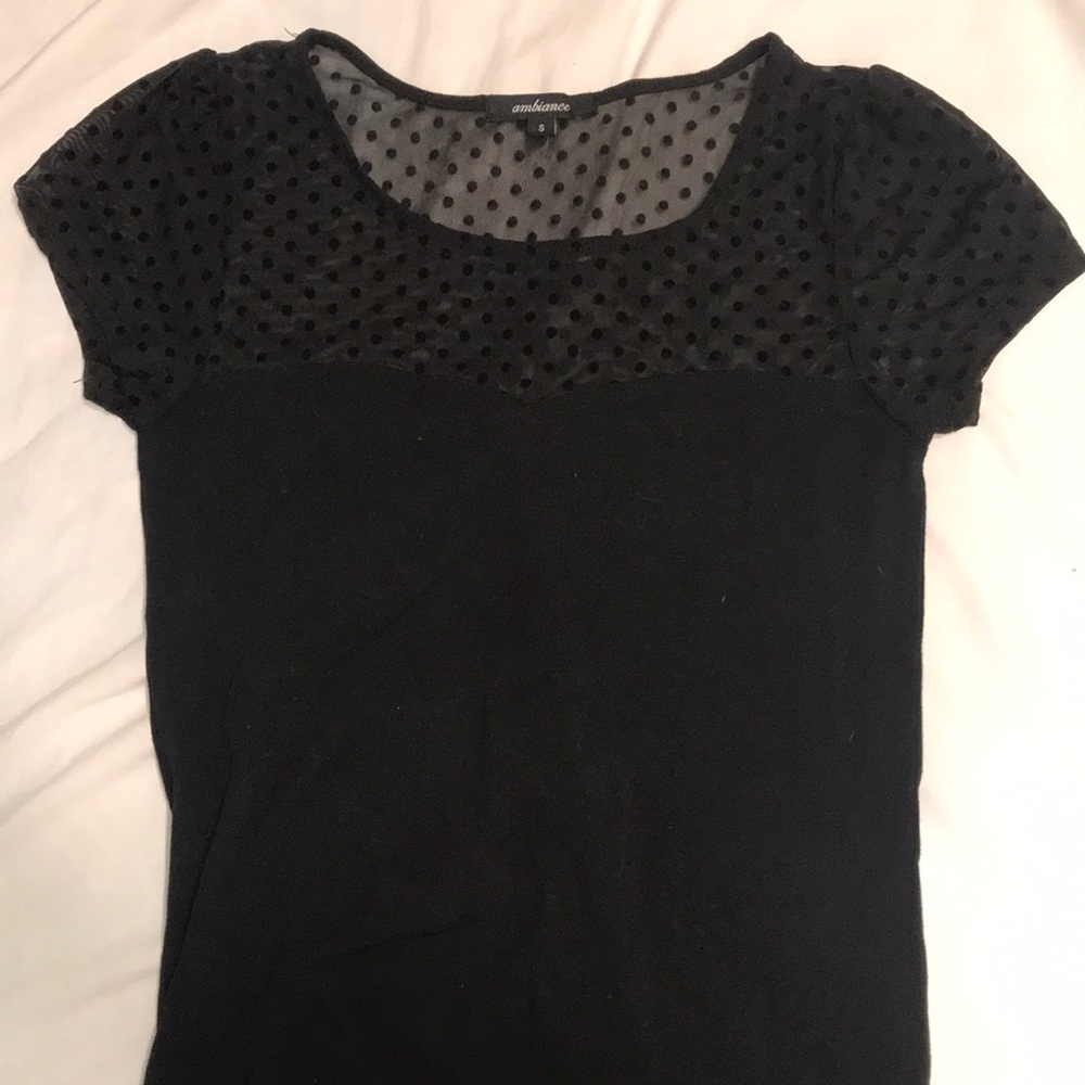 Ambiance Black shirt with sheer polkadot top.
